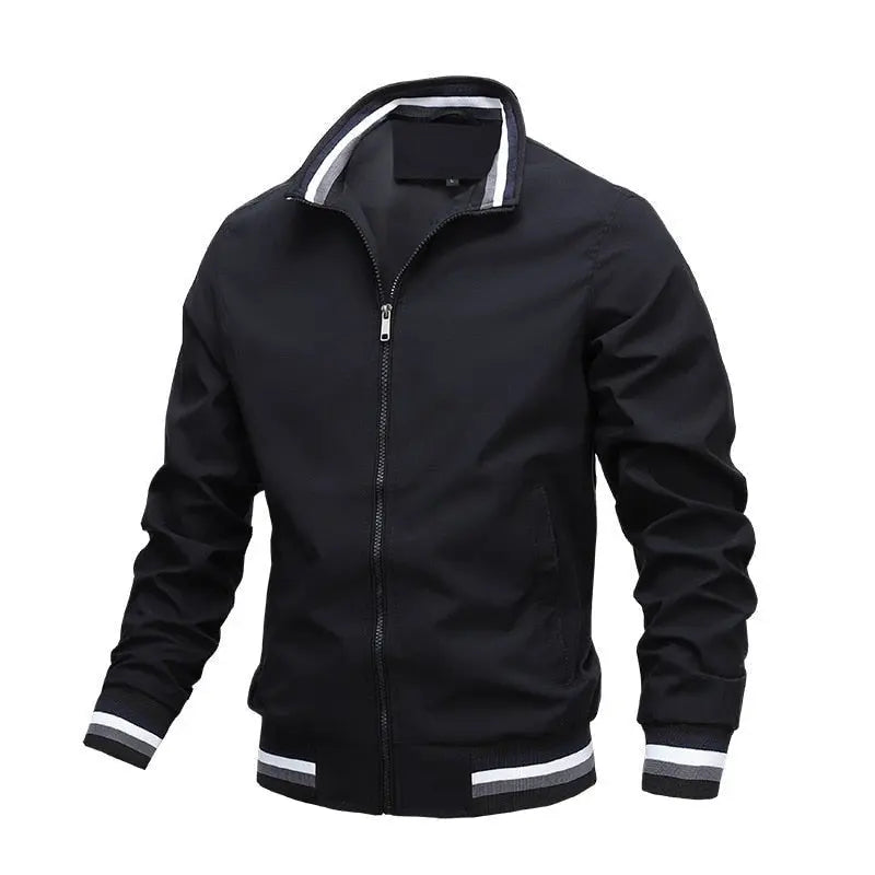 Men's Stand Collar Bomber Jacket Zip Front Ribbed Trim - Black