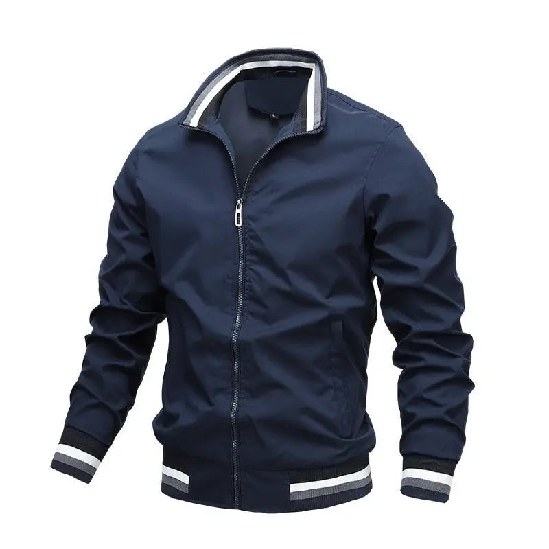 Men's Stand Collar Bomber Jacket Zip Front Ribbed Trim - Dark Blue