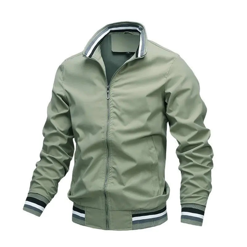 Men's Stand Collar Bomber Jacket Zip Front Ribbed Trim - Green