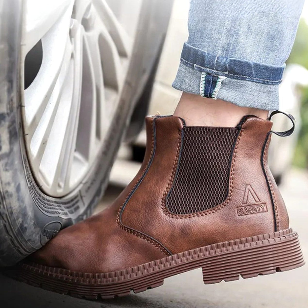 Men's Steel-Toe Chelsea Work Boots Leather Upper