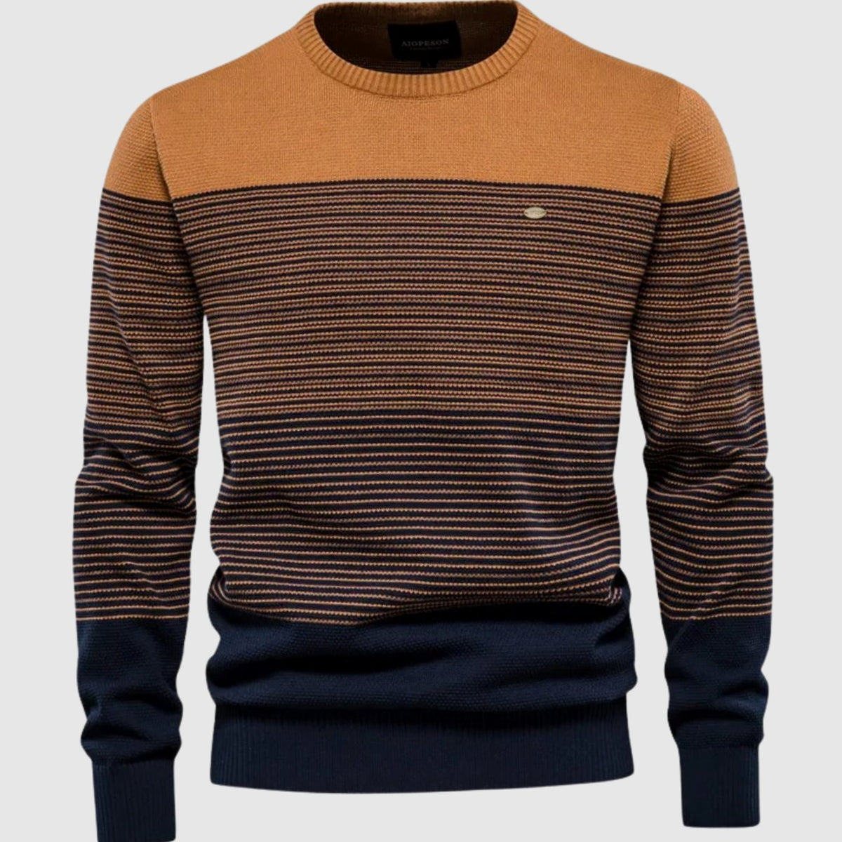 Men's Striped Colour-Block Crew-Neck Knit Pullover Jumper, Green - Orange