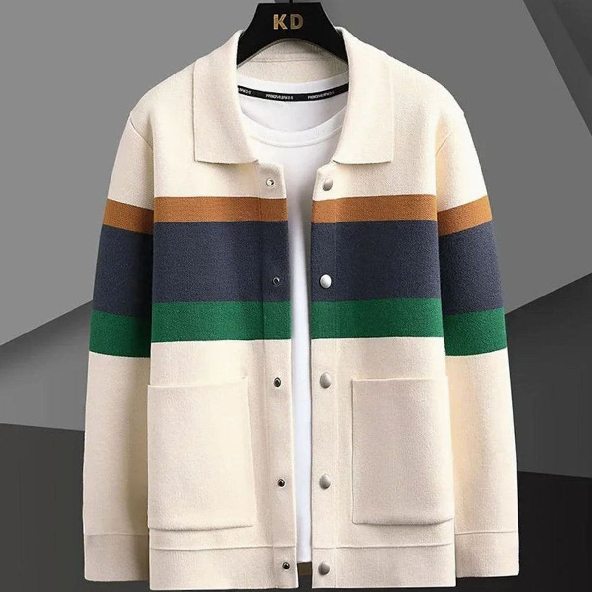 Men's Striped Heavyweight Cotton Knit Button-Front Cardigan Jacket - Off White