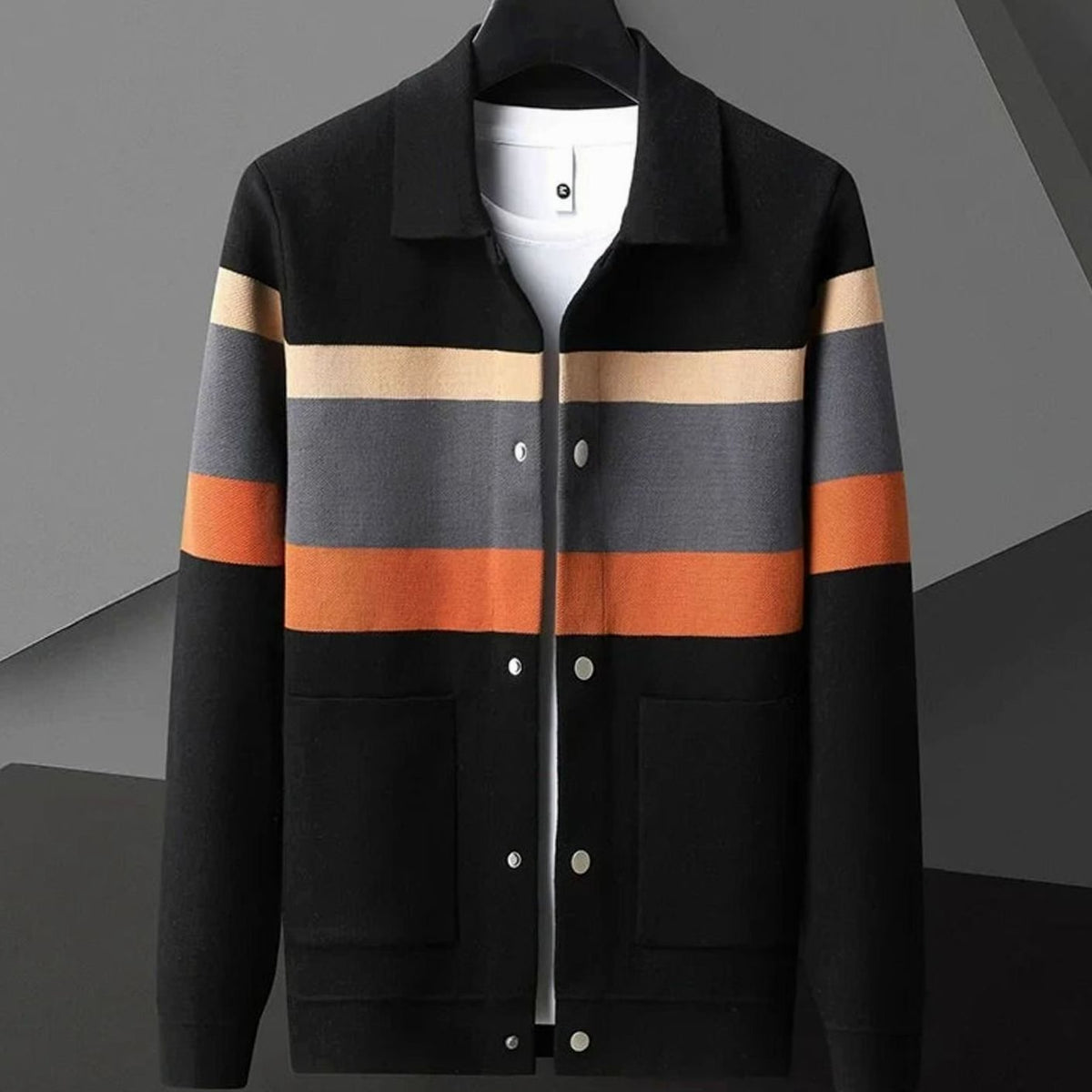 Men's Striped Heavyweight Cotton Knit Button-Front Cardigan Jacket - Black Orange