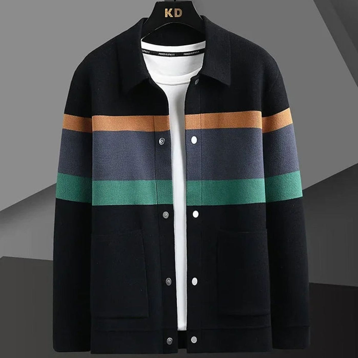 Men's Striped Heavyweight Cotton Knit Button-Front Cardigan Jacket - Black Green