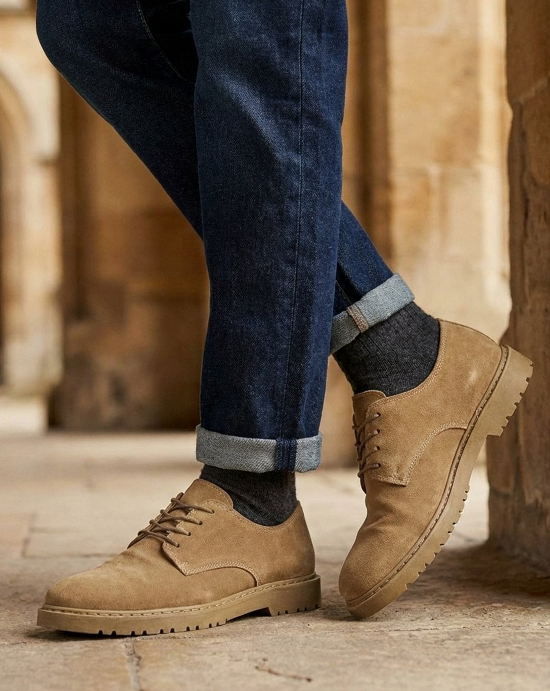 Men's Suede Lace-Up Desert Oxford Shoes Chunky Lug Sole