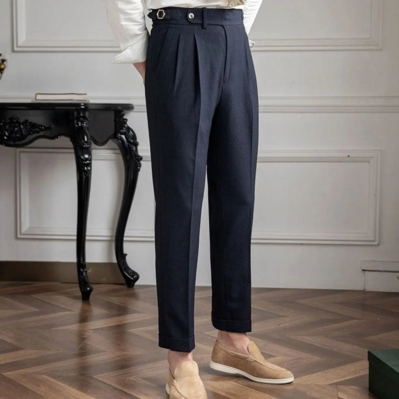 Men's Tailored High-Waist Pleated Trousers Turnup Hem