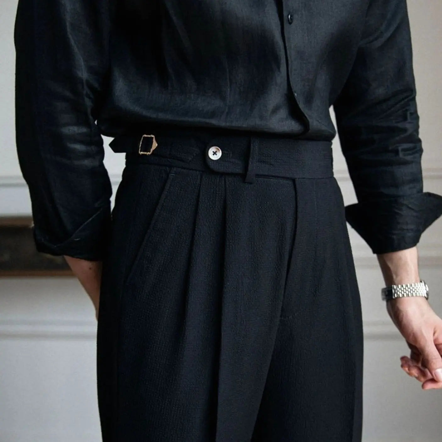 Men's Tailored High-Waist Pleated Trousers Turnup Hem - Black