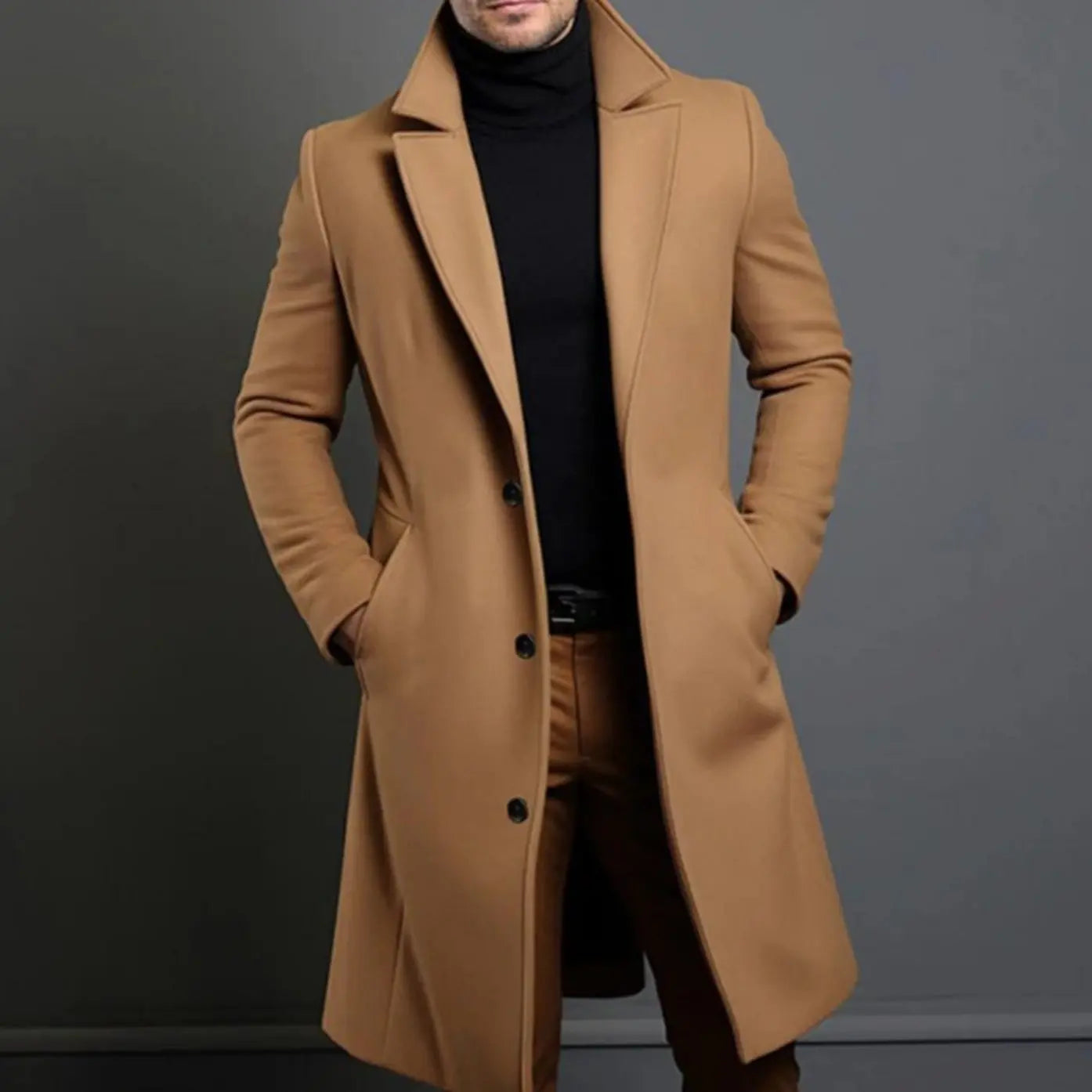 Men's Tailored Single-Breasted Long Overcoat Lapel Collar - Brown