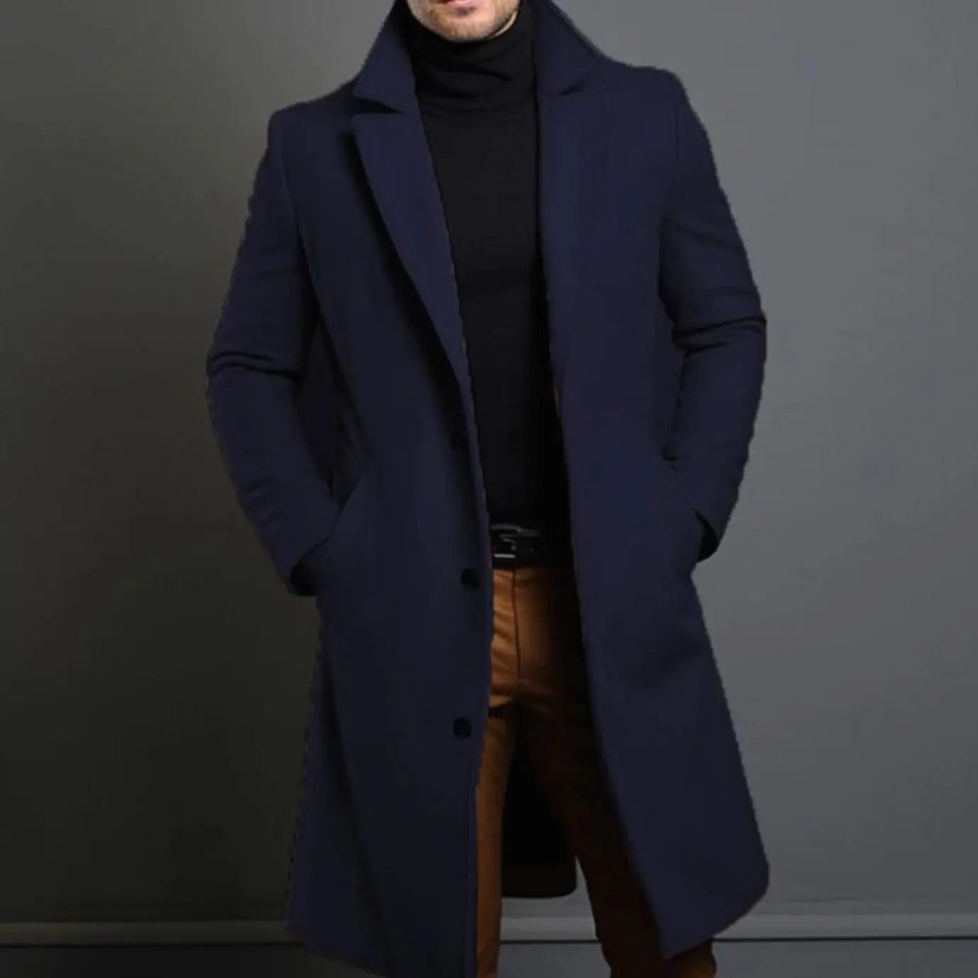 Men's Tailored Single-Breasted Long Overcoat Lapel Collar - Blue