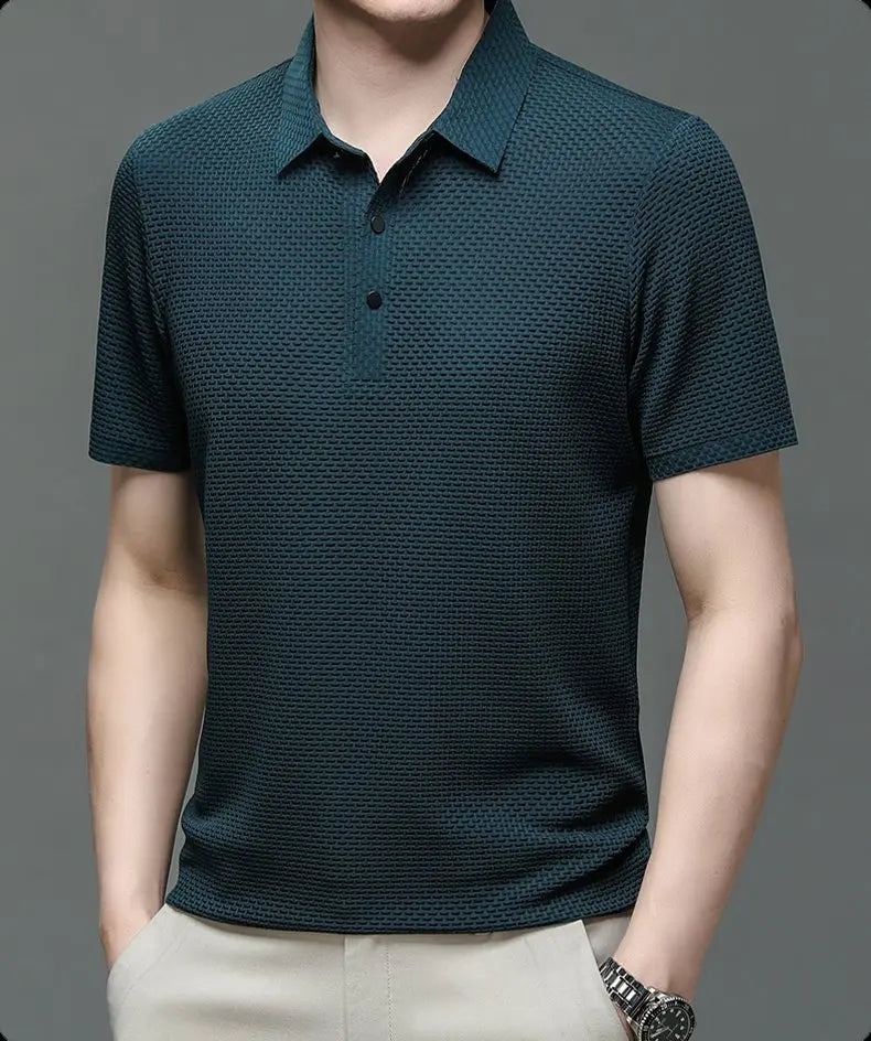 Men's Textured Knit Polo Shirt Short Sleeve - Navy Blue
