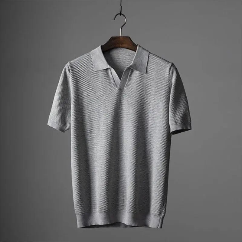 Men's Textured Knit Polo Short Sleeve Geometric Pattern - Gray