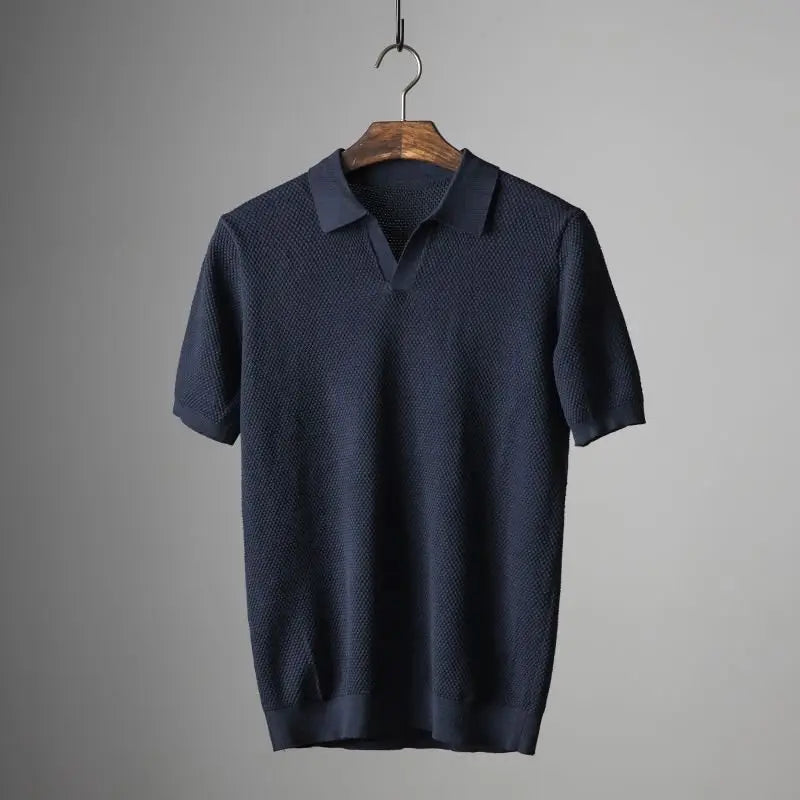 Men's Textured Knit Polo Short Sleeve Geometric Pattern - Dark Blue