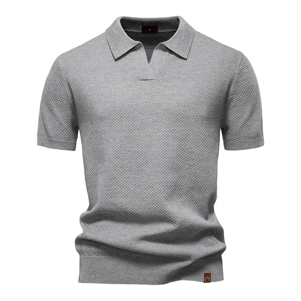 Men's Textured Polo Shirt Buttonless V-Neck Short Sleeve - Light Gray