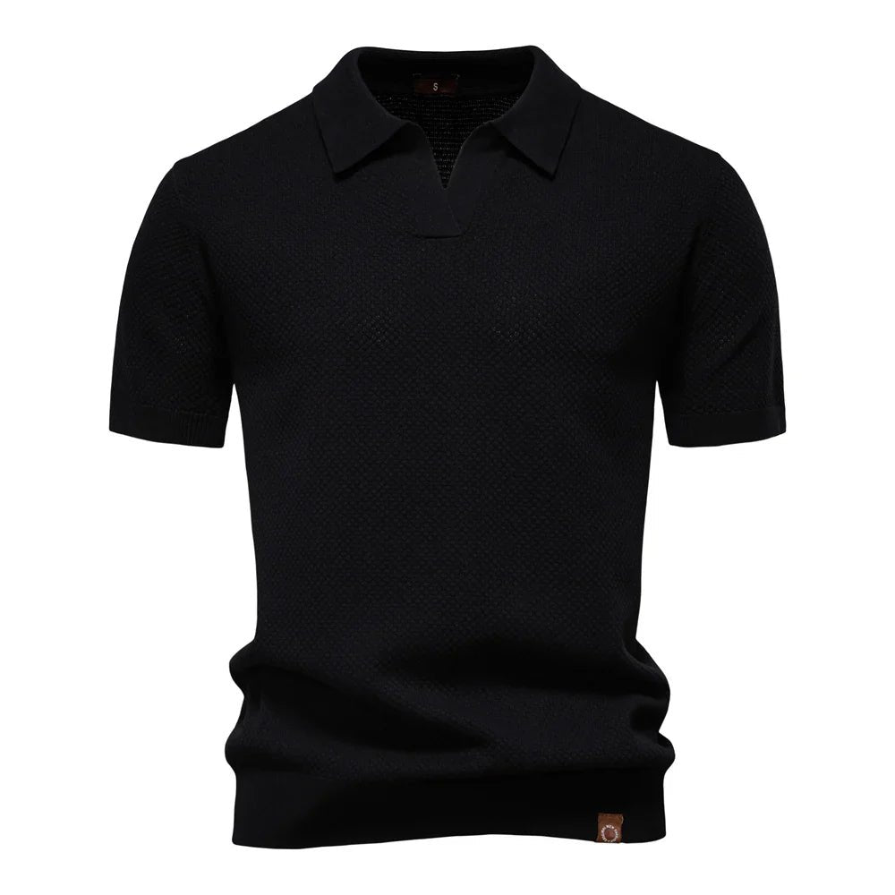 Men's Textured Polo Shirt Buttonless V-Neck Short Sleeve - Black