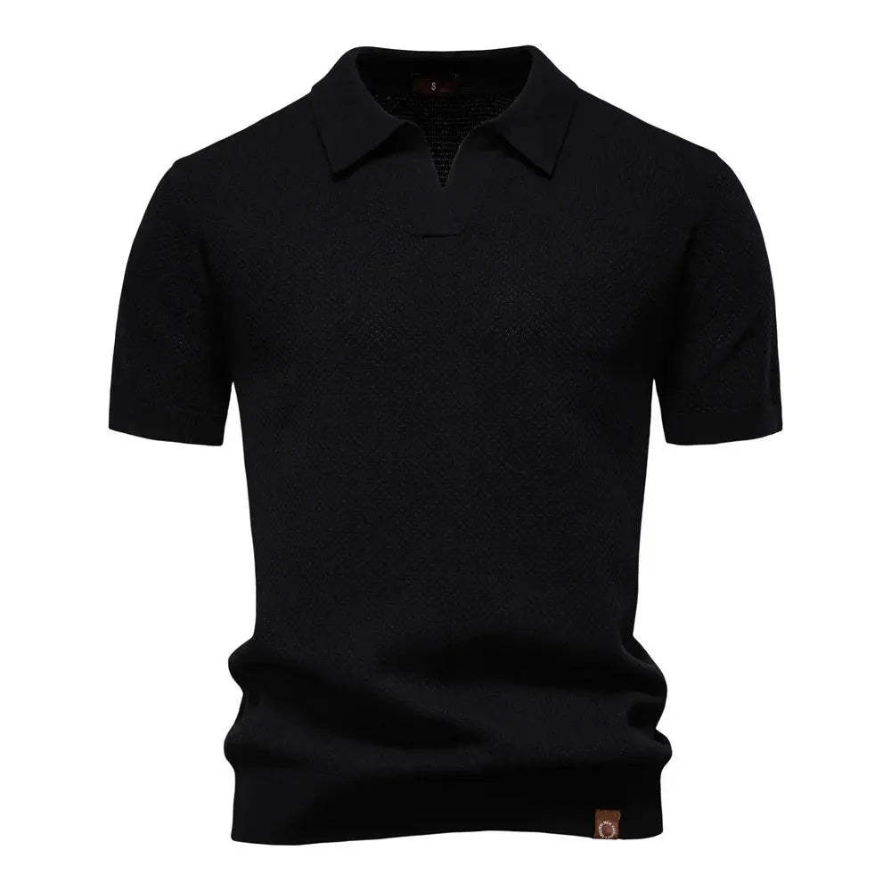 Men's Textured Polo Shirt Buttonless V-Neck Short Sleeve - Black
