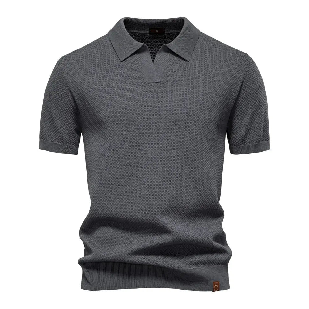 Men's Textured Polo Shirt Buttonless V-Neck Short Sleeve - Dark Gray