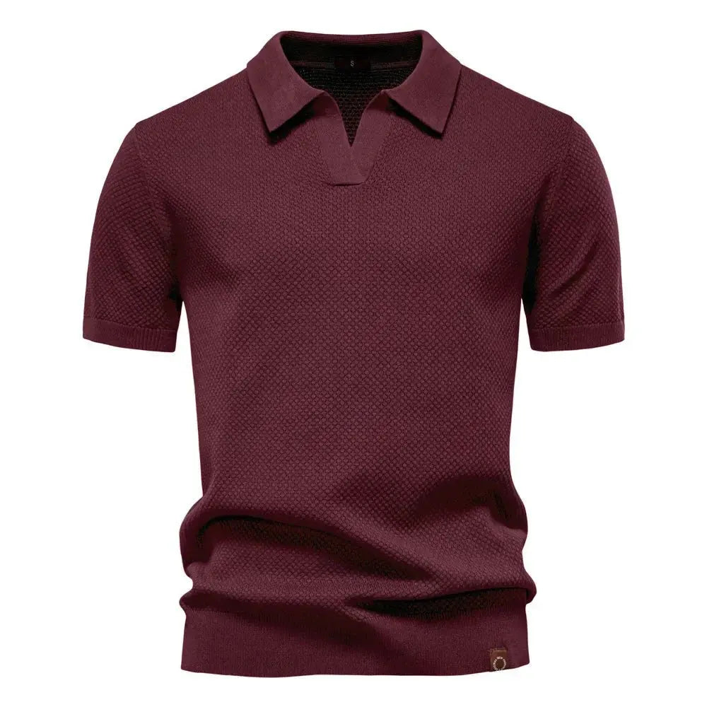 Men's Textured Polo Shirt Buttonless V-Neck Short Sleeve - Burgundy