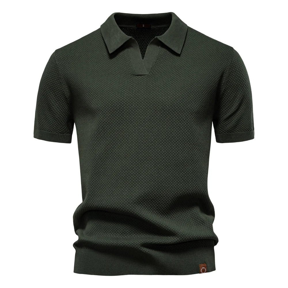 Men's Textured Polo Shirt Buttonless V-Neck Short Sleeve - Green