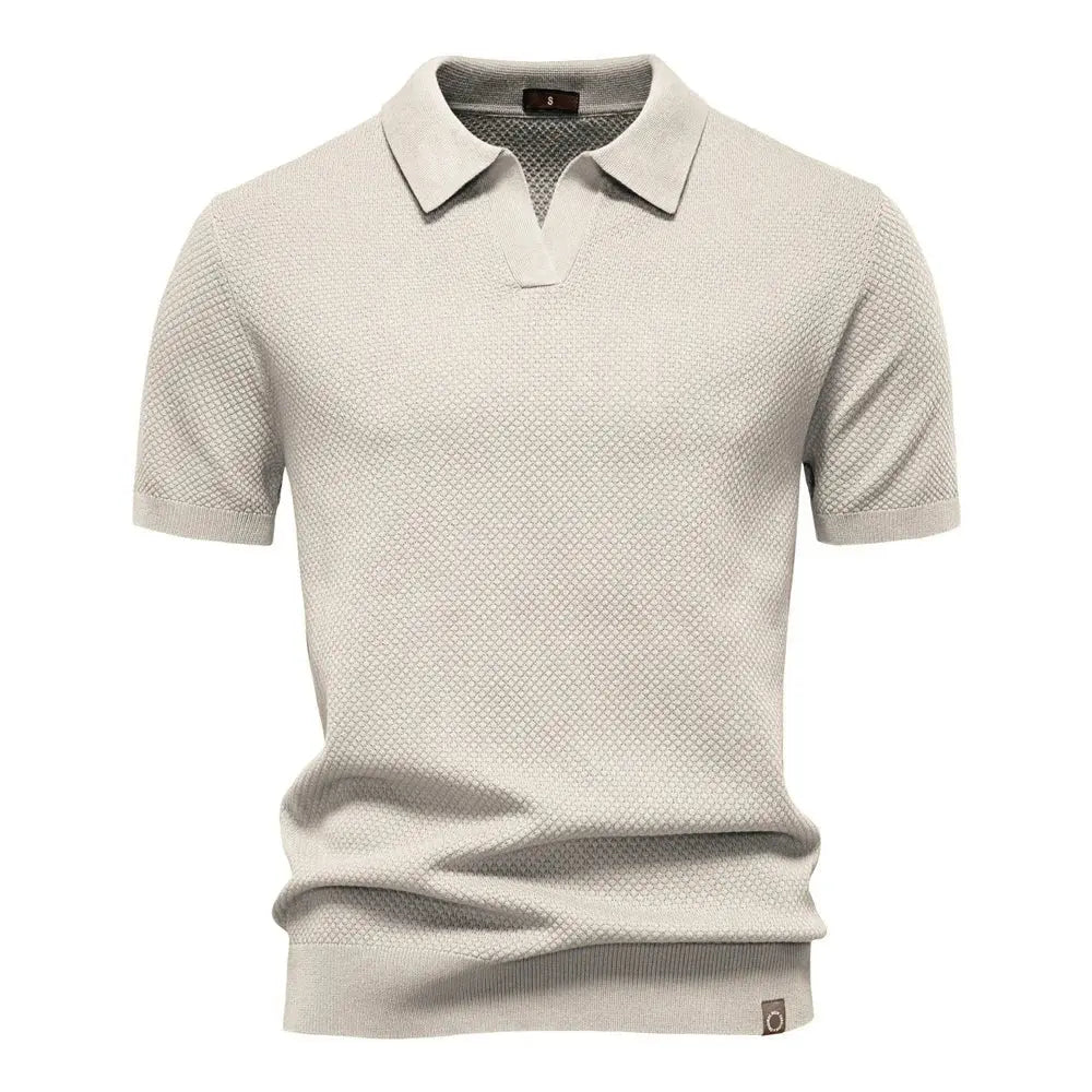 Men's Textured Polo Shirt Buttonless V-Neck Short Sleeve - Beige