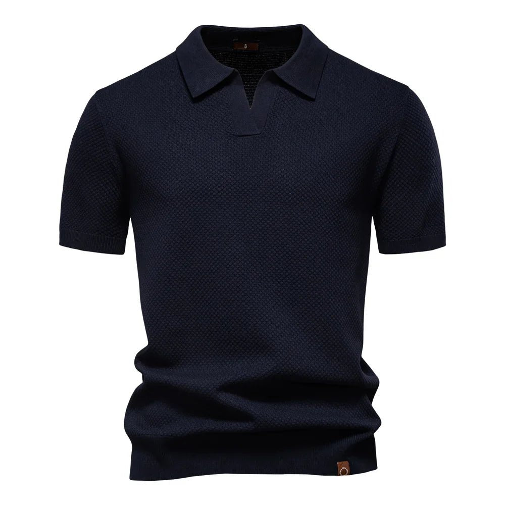 Men's Textured Polo Shirt Buttonless V-Neck Short Sleeve - Dark Blue