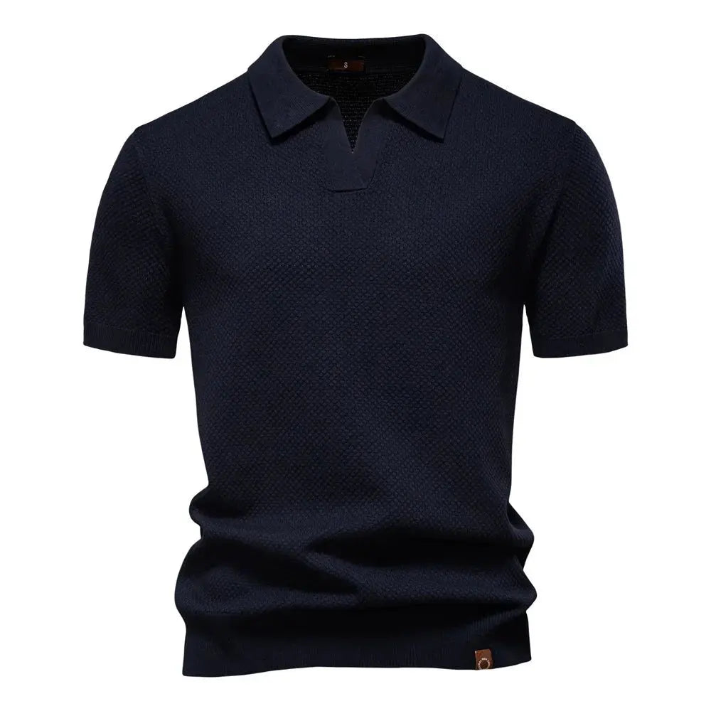 Men's Textured Polo Shirt Buttonless V-Neck Short Sleeve - Dark Blue