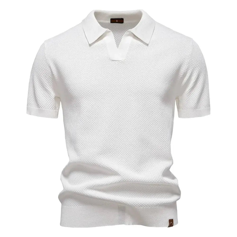 Men's Textured Polo Shirt Buttonless V-Neck Short Sleeve - White