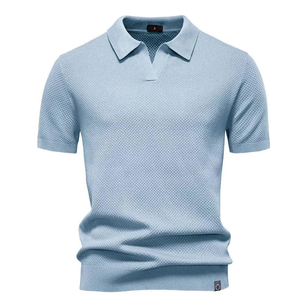 Men's Textured Polo Shirt Buttonless V-Neck Short Sleeve - Light Blue