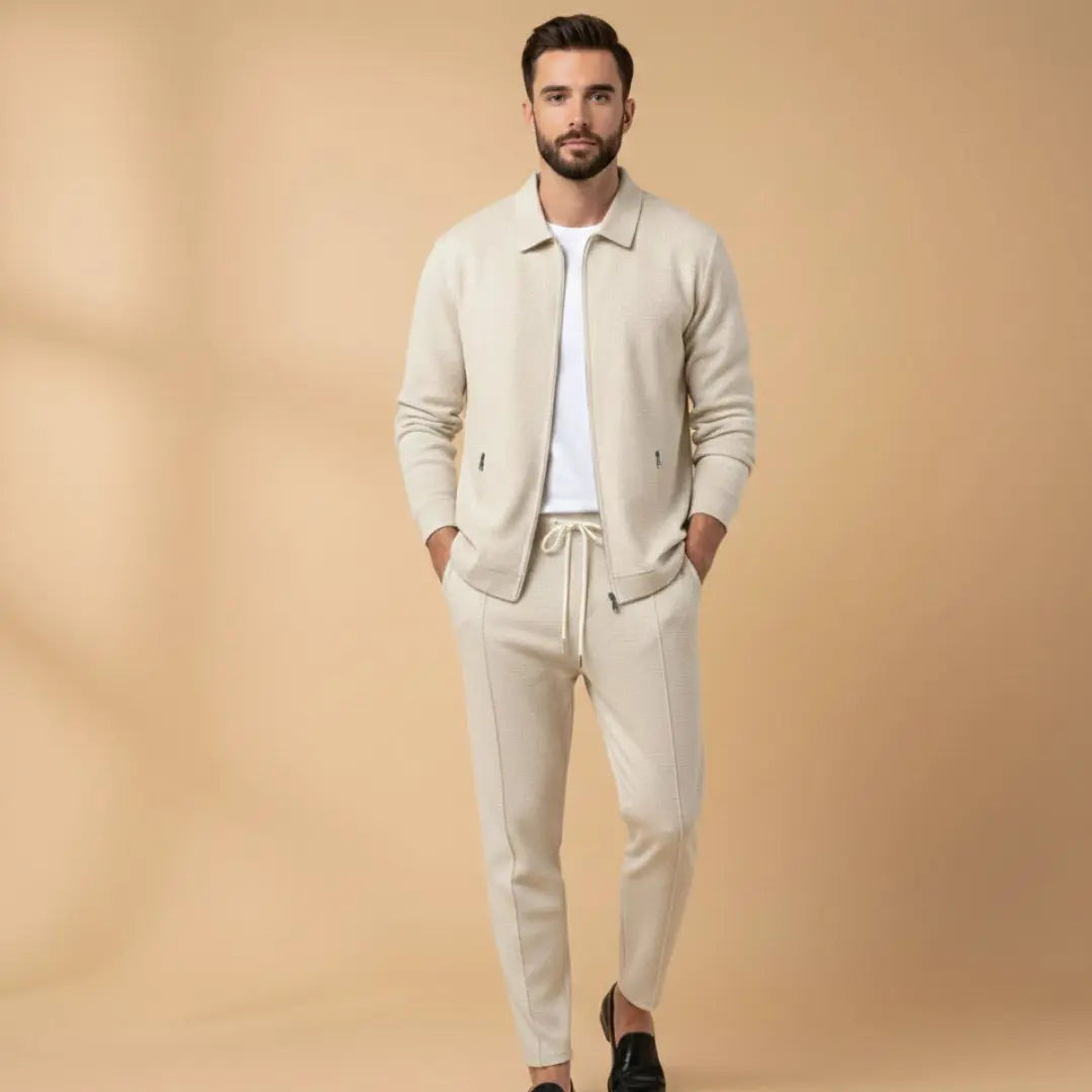 Men's Textured Zip Up Tracksuit Set Two Piece Joggers - Beige