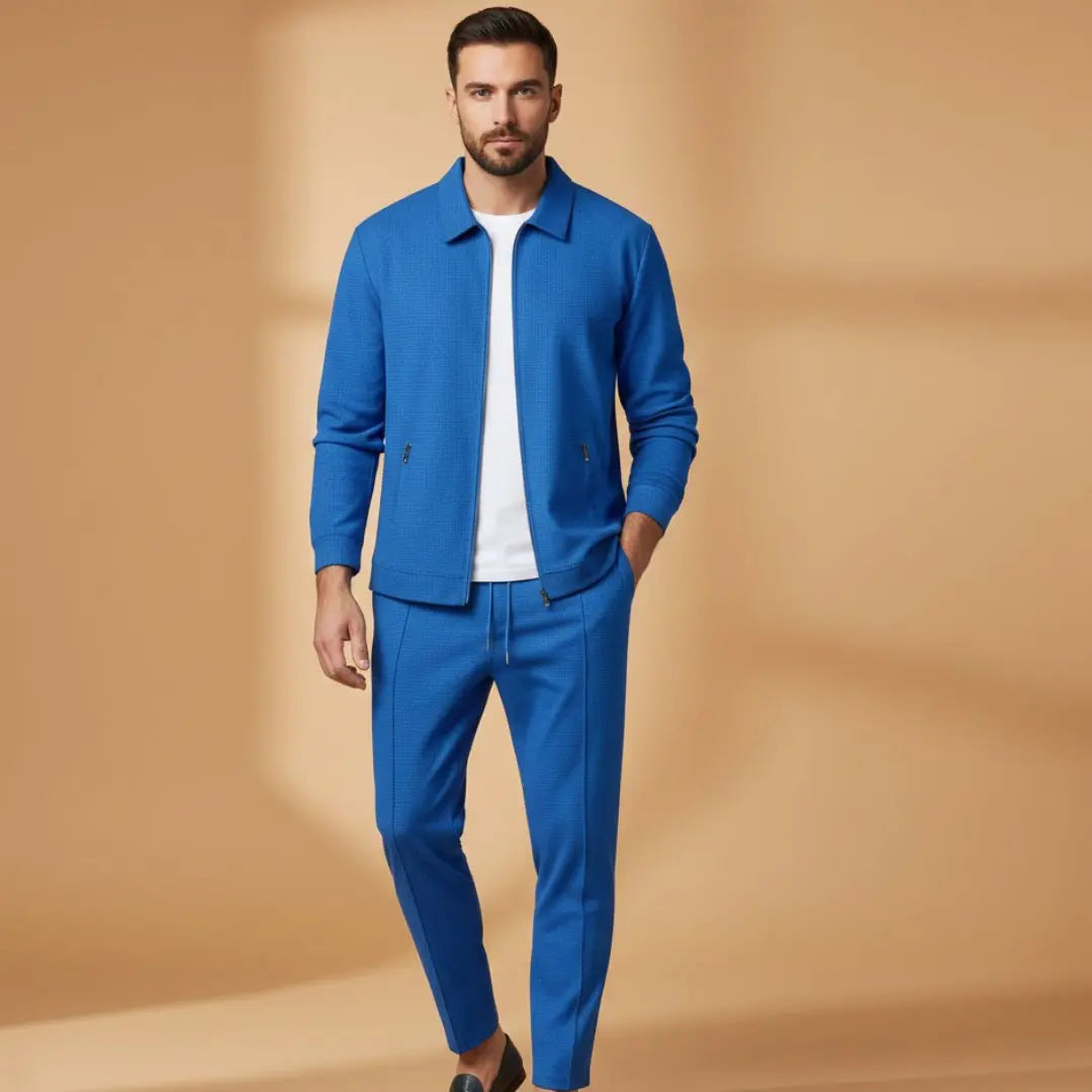 Men's Textured Zip Up Tracksuit Set Two Piece Joggers - Blue