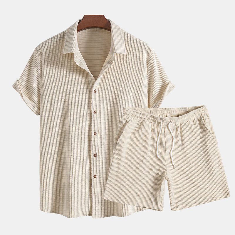 Men's Two Piece Set Short Sleeve Shirt Drawstring Shorts - Beige