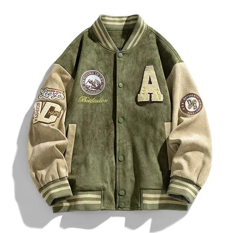 Men's Two-Tone Varsity Bomber Jacket with Patches - Green