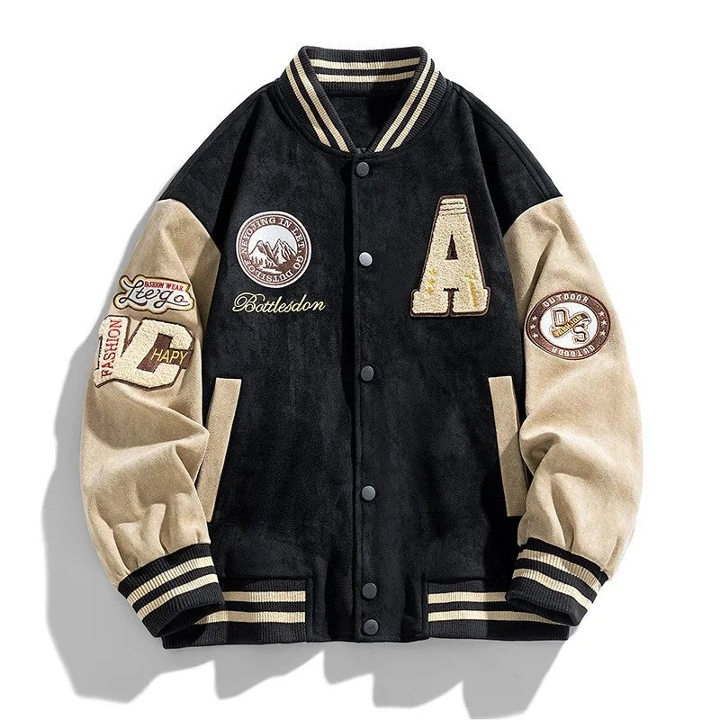 Men's Two-Tone Varsity Bomber Jacket with Patches - Black