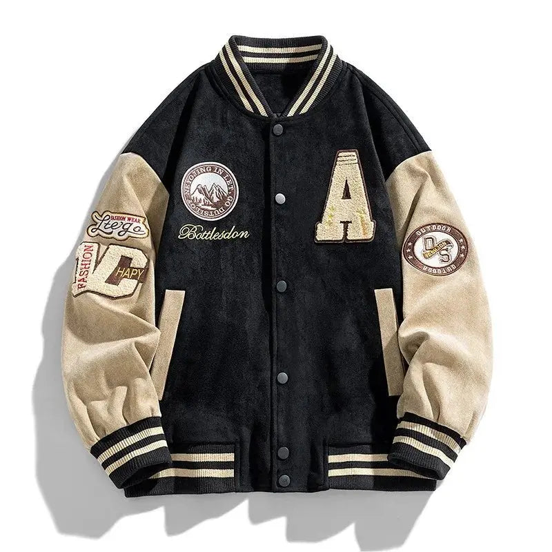 Men's Two-Tone Varsity Bomber Jacket with Patches - Black