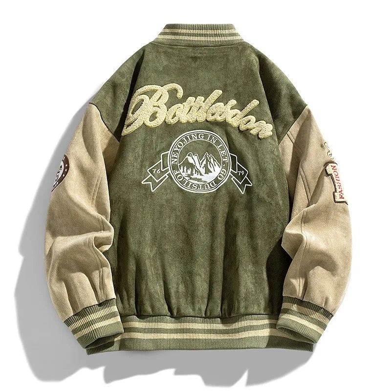 Men's Two-Tone Varsity Bomber Jacket with Patches