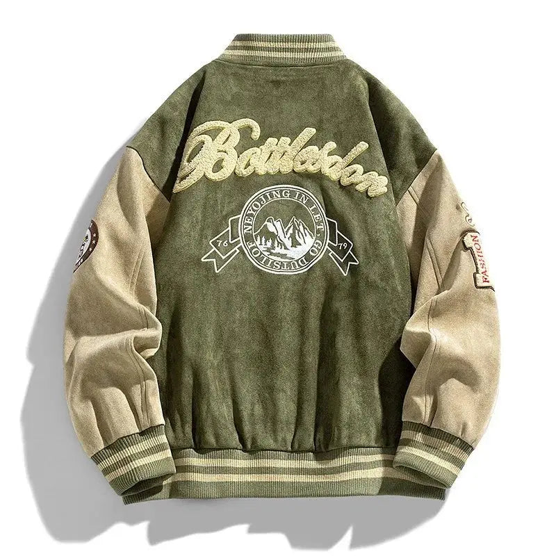 Men's Two-Tone Varsity Bomber Jacket with Patches
