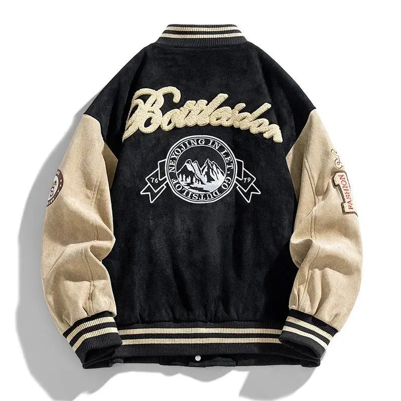 Men's Two-Tone Varsity Bomber Jacket with Patches