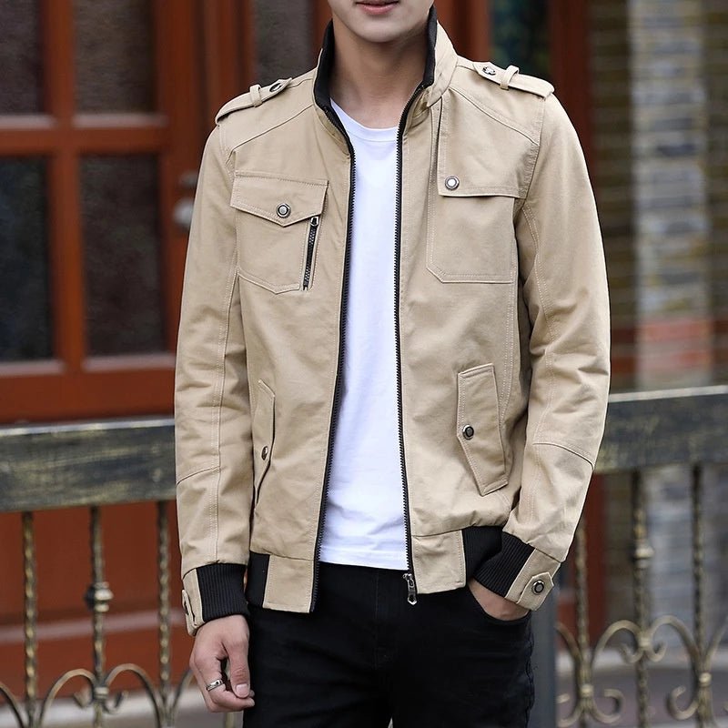 Men's Utility Bomber Jacket Stand Collar Multi-Pocket - Khaki