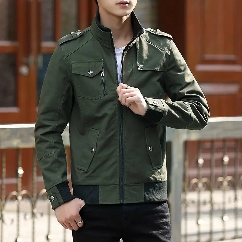 Men's Utility Bomber Jacket Stand Collar Multi-Pocket - Green