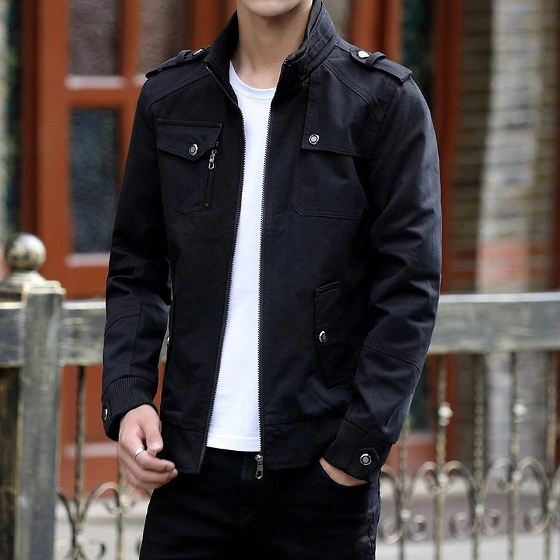 Men's Utility Bomber Jacket Stand Collar Multi-Pocket - Black
