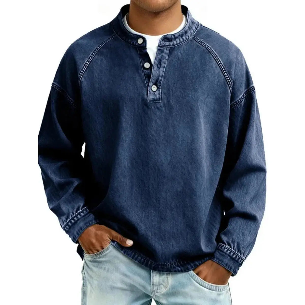Men's Vintage Denim-Look Henley Button-Placket Sweatshirt - Dark Blue