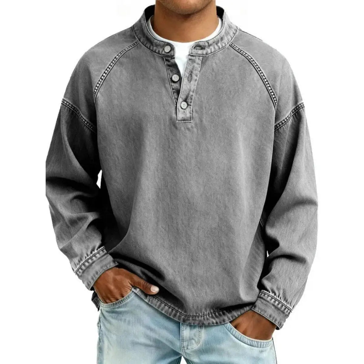 Men's Vintage Denim-Look Henley Button-Placket Sweatshirt - Grey
