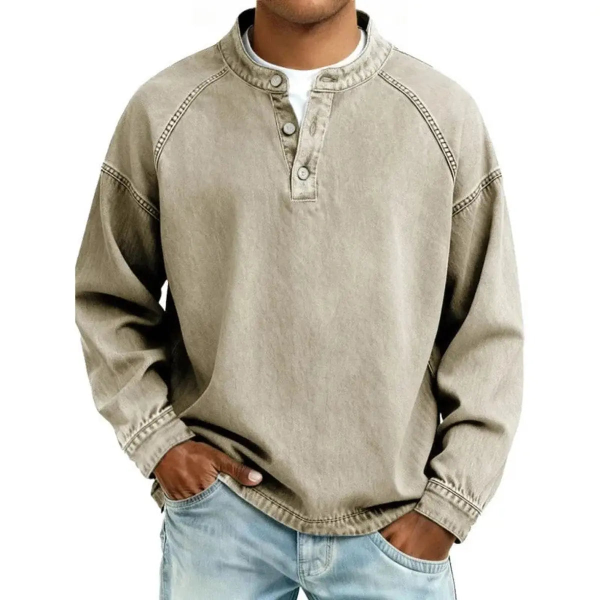 Men's Vintage Denim-Look Henley Button-Placket Sweatshirt - Khaki