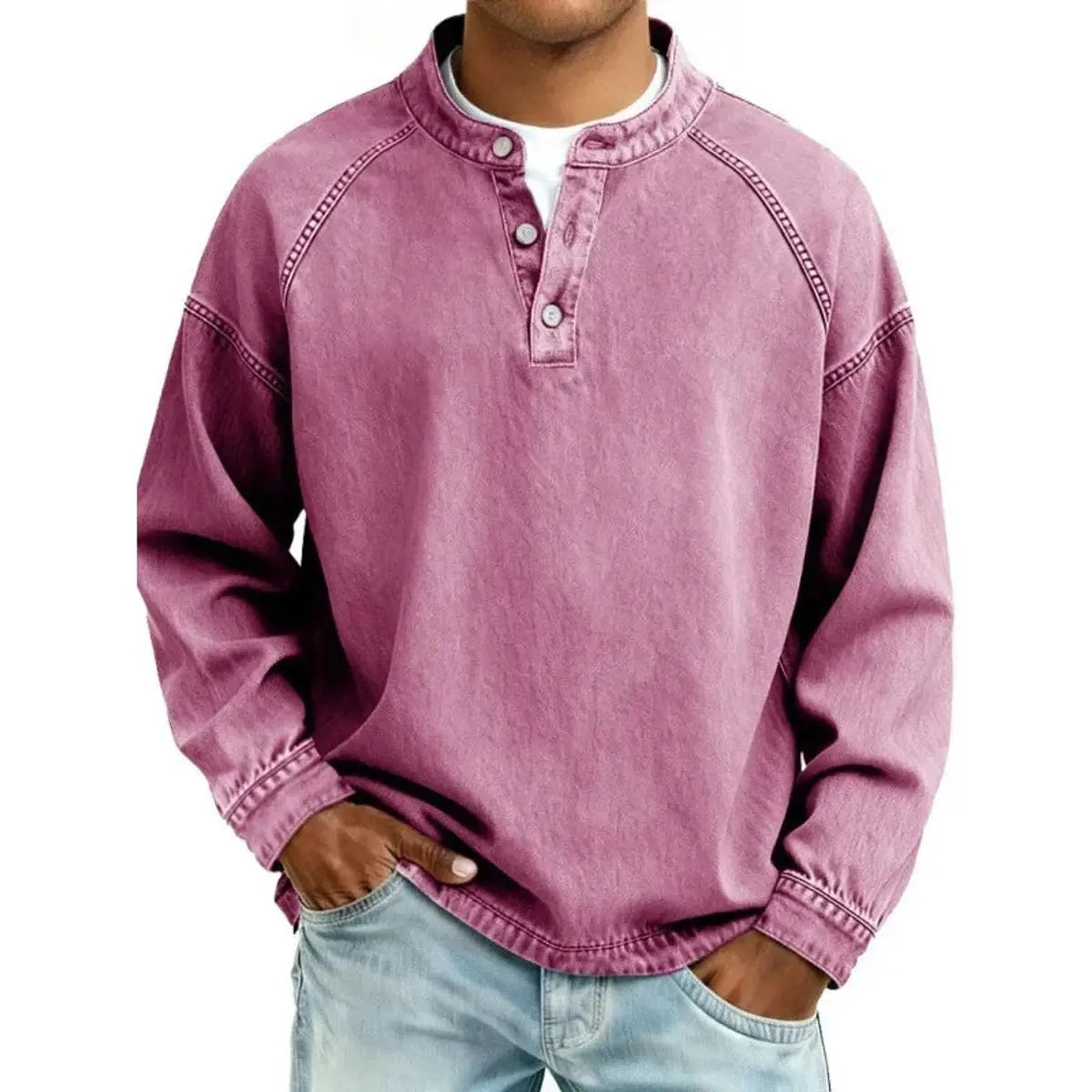 Men's Vintage Denim-Look Henley Button-Placket Sweatshirt - Pink