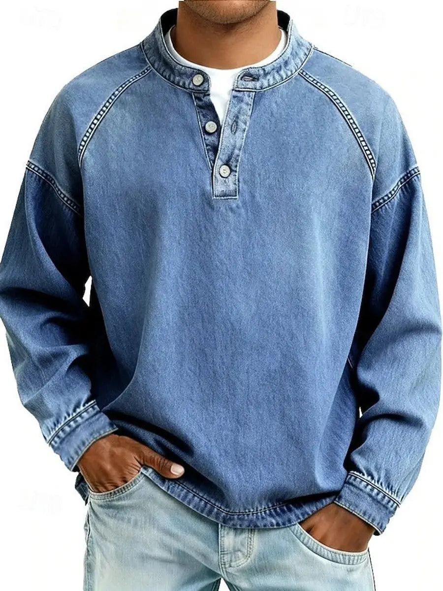 Men's Vintage Henley Long Sleeve Pullover Mens Knit Sweater - Light Blue