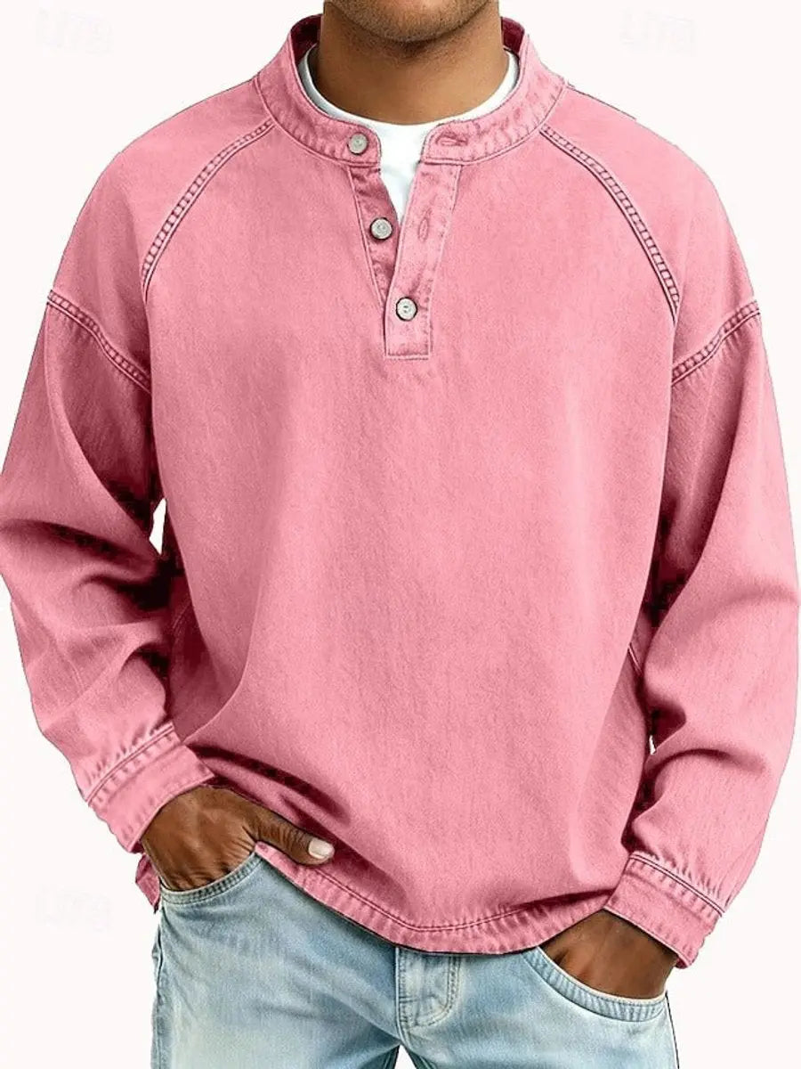 Men's Vintage Henley Long Sleeve Pullover Mens Knit Sweater - Pink