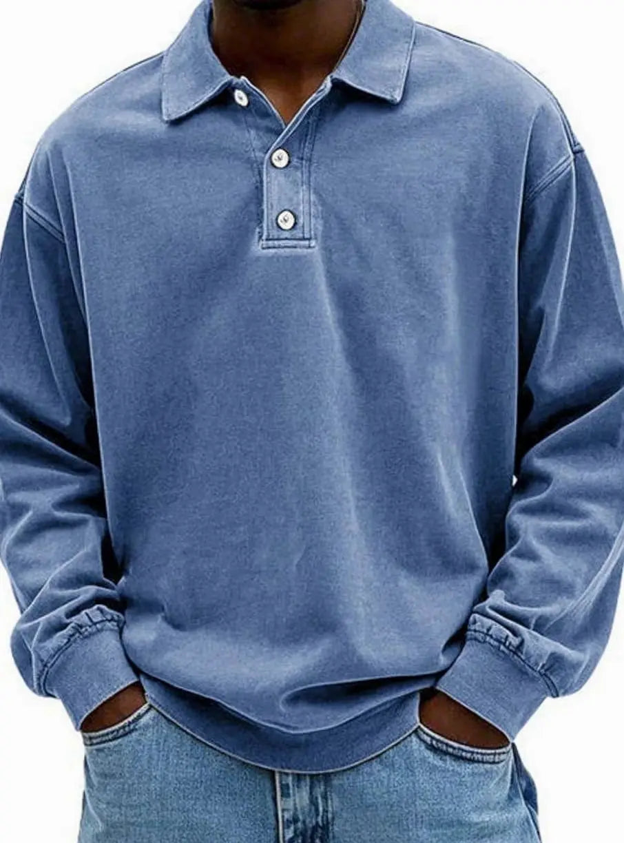 Men's Vintage Long Sleeve Relaxed Fit Polo Shirt - Blue