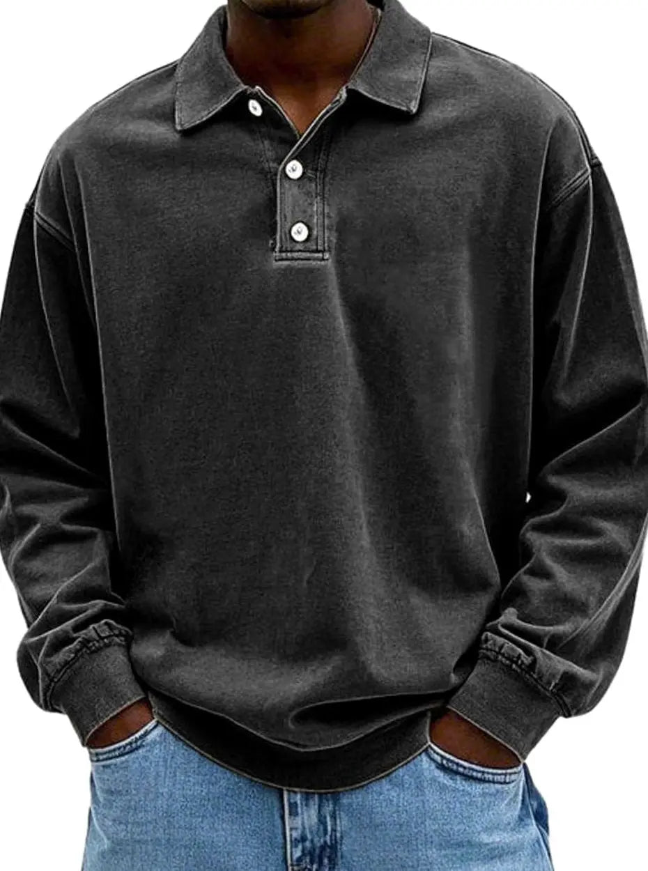 Men's Vintage Long Sleeve Relaxed Fit Polo Shirt - Black