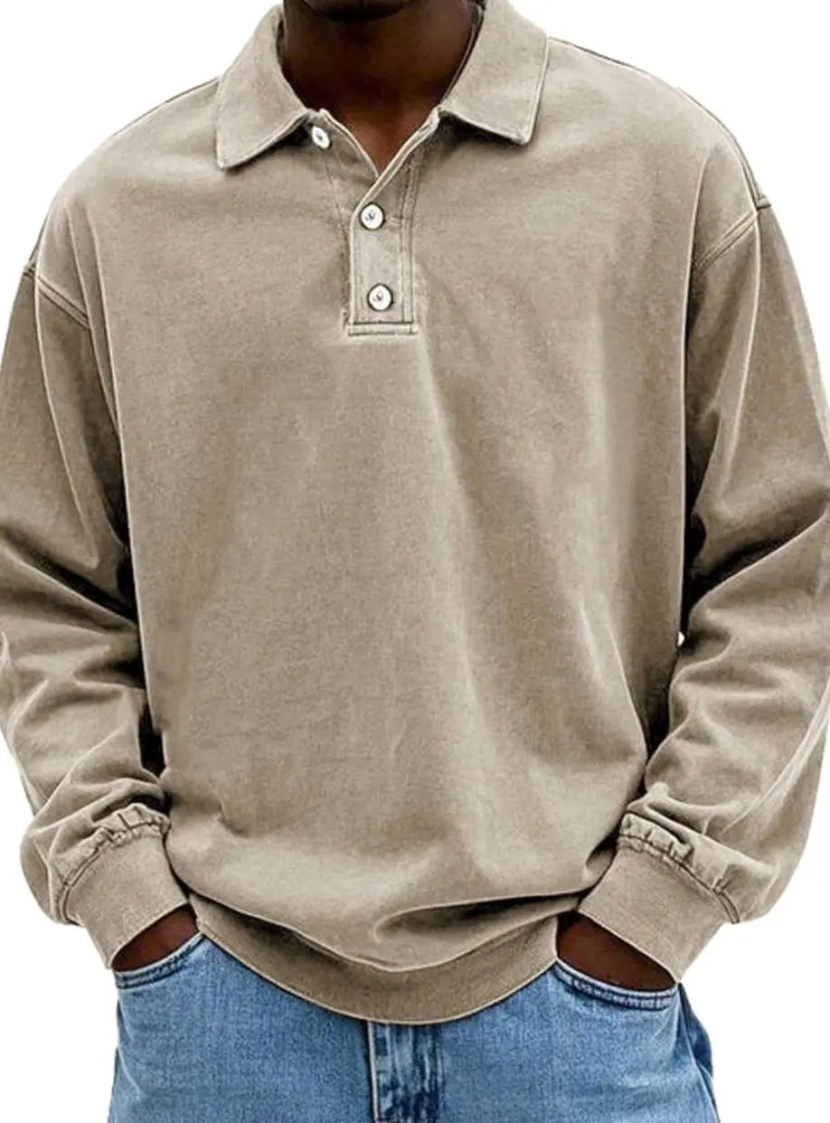 Men's Vintage Long Sleeve Relaxed Fit Polo Shirt - Khaki