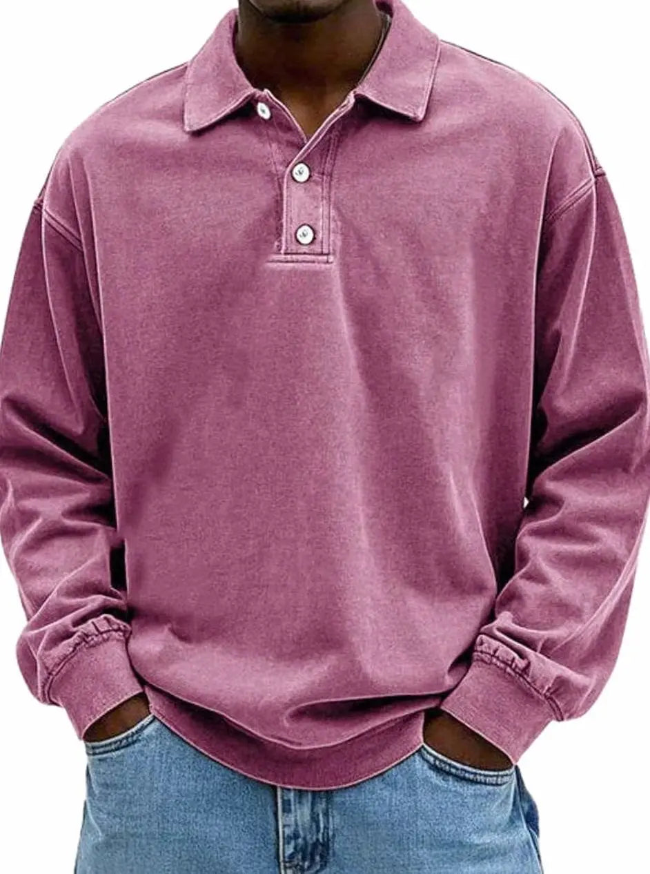 Men's Vintage Long Sleeve Relaxed Fit Polo Shirt - Pink