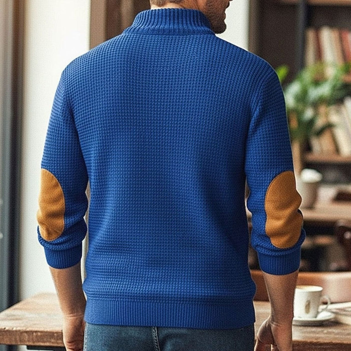 Men's Waffle-Knit Button-Neck Elbow-Patch Pullover Jumper